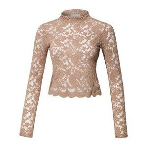 Nude Beige Stretch Floral Lace Crop Top Long Sleeve - Size Small